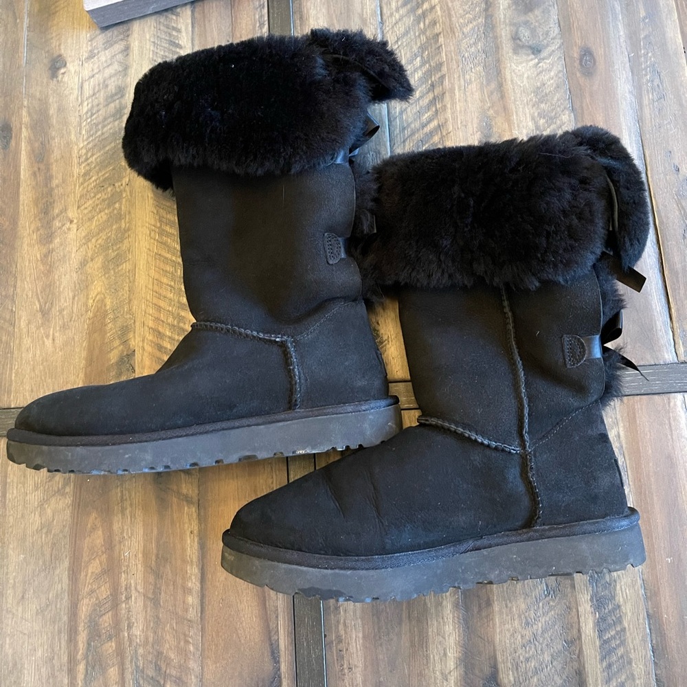 UGG Women's Black Tall Suede Boots with Back Bow Detail - Picture 4 of 14